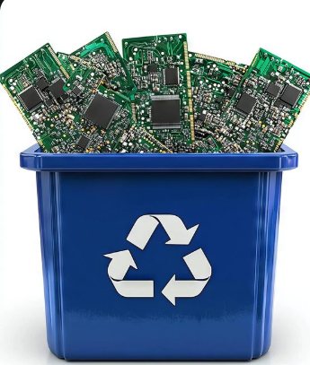 Recycling bin filled with circuit boards